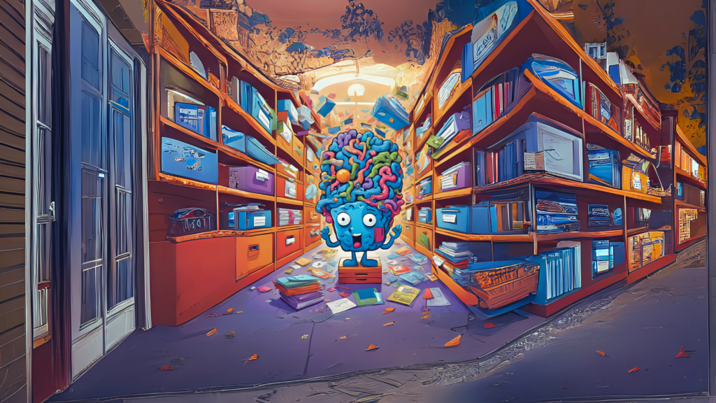 A cartoon brain searching through “file cabinets” labeled with different types of memories.  